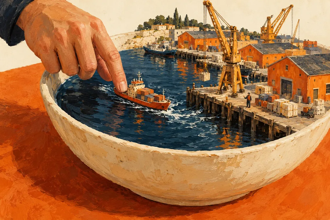 A hand nudges a cargo boat through a miniature working harbor inside a ceramic bowl.